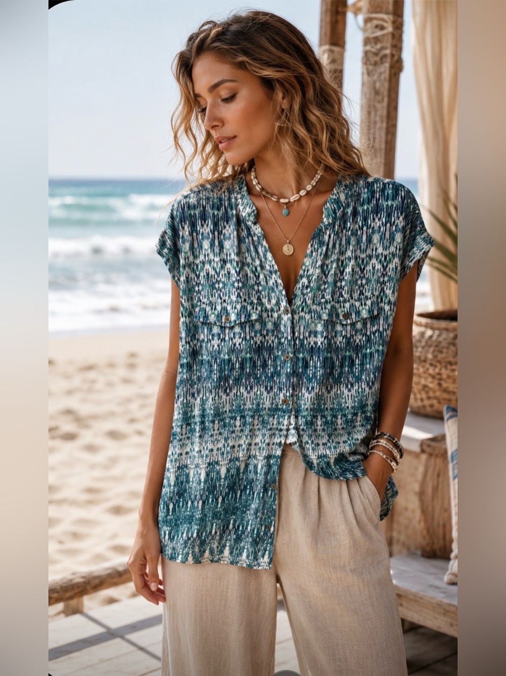 Indigo Bogemian Coastal Teal & White Printed Button-Down Relaxed Top Size XL